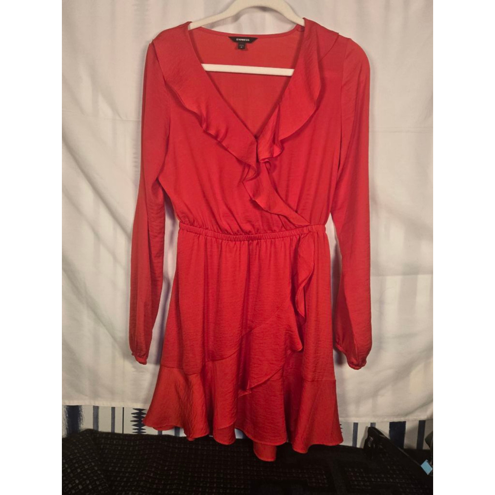 Women's EXPRESS Red Long Sleeve Ruffle Dress SP